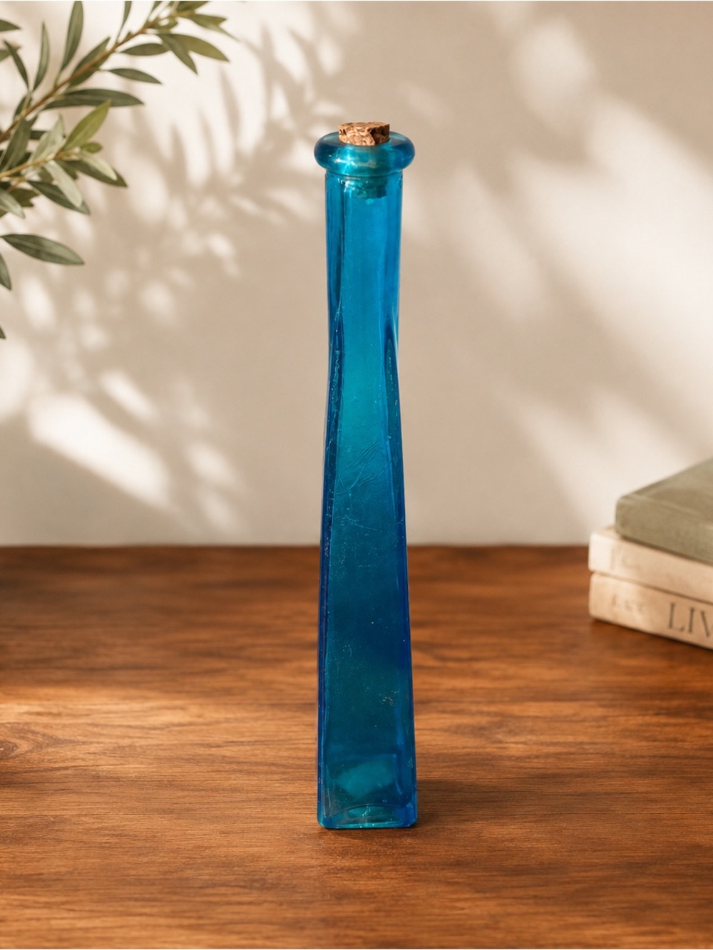 Vintage Blue Art Glass Bud Vase Bottle with Cork Stopper 11” Tall